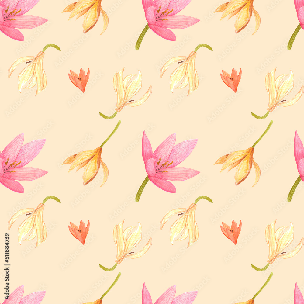 Handdrawn llily seamless pattern. Watercolor pink and cream flowers with green leaves on the cream background. Scrapbook design, typography poster, label, banner, textile. Handdrawn llily seamless pattern. Watercolor pink and cream flowers with green leaves on the cream background. Scrapbook design, typography poster, label, banner, textile.