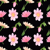 Handdrawn aster seamless pattern. Watercolor pink flowers with green leaves on the black background. Scrapbook design, typography poster, label, banner, textile.