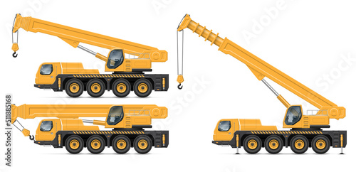 Crane truck vector illustration view from side isolated on white background. Construction vehicle mockup. All elements in the groups for easy editing and recolor photo