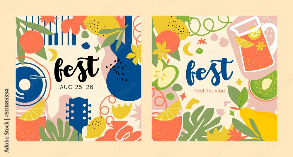 Editable Templates of the summer festival in warm colors with fruit, citrus, musical instruments, lemonade and various forms. Great for music, summer, women's and food festivals. Vector Illustration