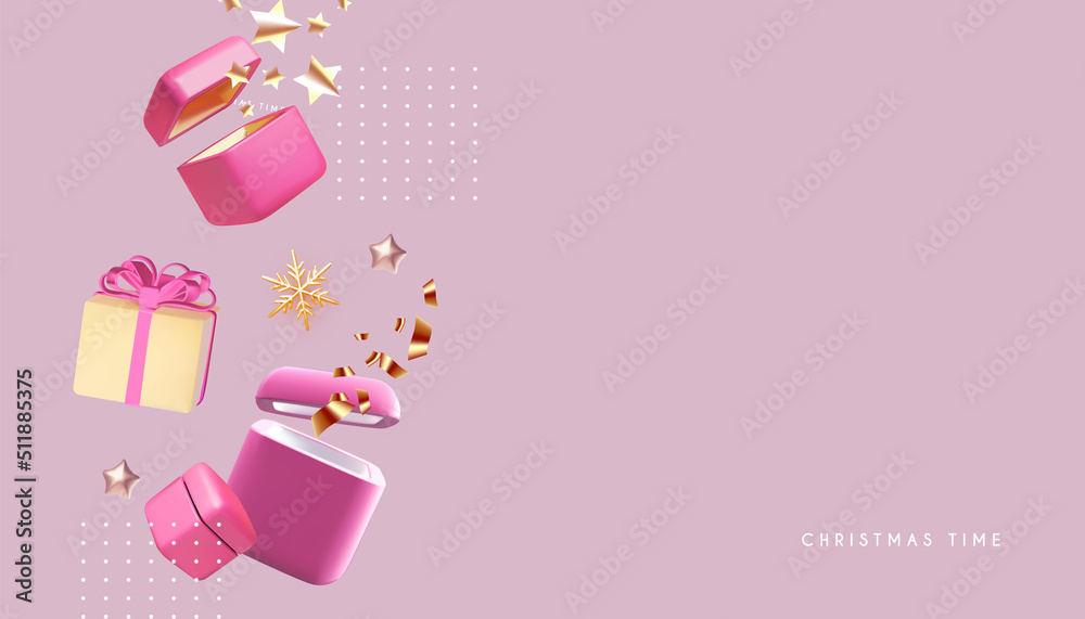 Happy New Year design with open 3D gift boxes, stars and snowflakes.