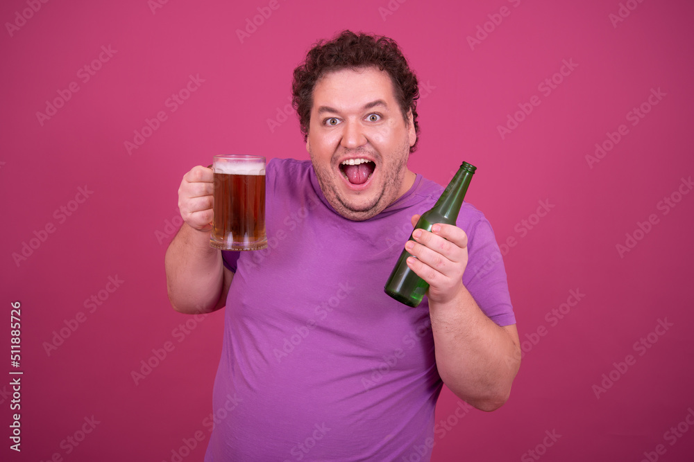 Funny fat man drinks light beer. Funny fat man drinks light beer.