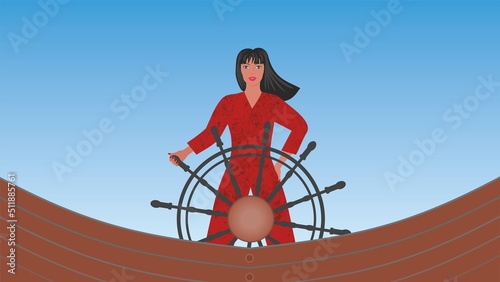 Woman at steering wheel. Vector illustration. Dimension 16:9.