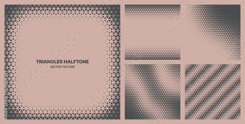 Assorted Various Modern Halftone Triangles Textures Vector Different Geometric Pattern Set Isolated On Background. Retro Colours Half Tone Graphic Variety Texture Universal Design Elements Collection