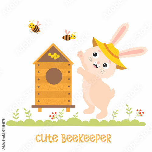 Cute bunny beekeeper. Funny rabbit apiarist in apiary with beehive and funny bees. Vector illustration. Character rabbit for kids collection, cards, design, decor, printing, flyers about beekeeping