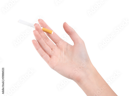 female hand holding a smoking cigarette on a white background. harm from smoking cigarettes. 