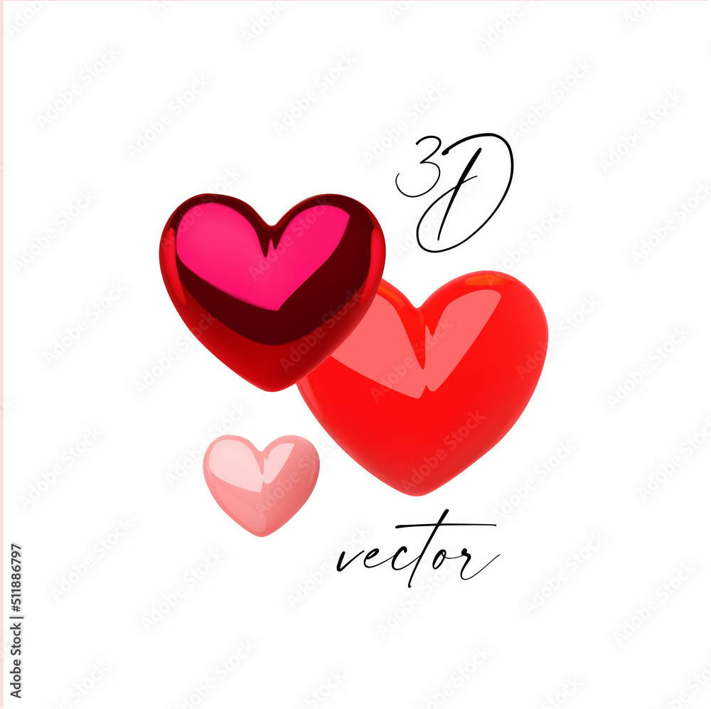 Red hearts set. Glossy 3D heart, feeling sign isolated on white Red hearts set. Glossy 3D heart, feeling sign isolated on white