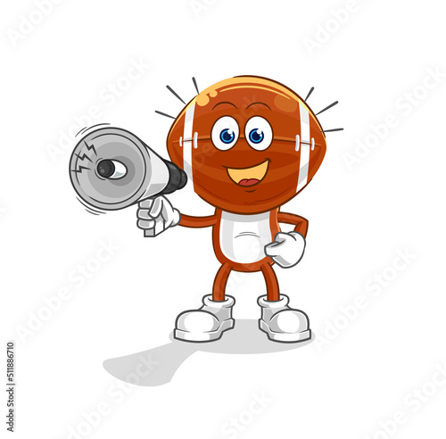 rugby head holding hand loudspeakers vector. cartoon character