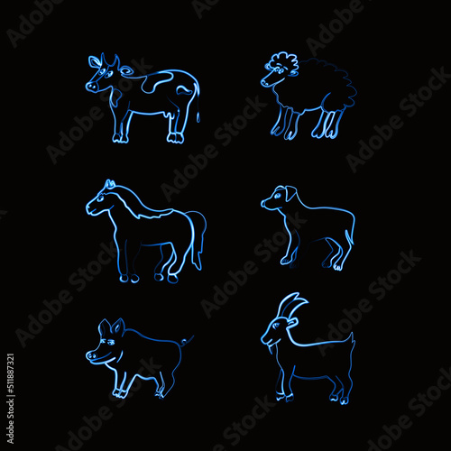 Vector set of pets with neon effect.