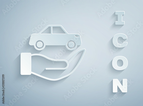 Paper cut Car insurance icon isolated on grey background. Insurance concept. Security, safety, protection, protect concept. Paper art style. Vector