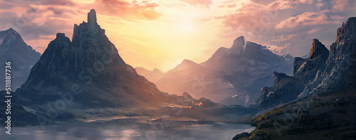 Fantasy mountain landscape with sunset. Foggy sunset, mountains, mountain river, gorge. Abstract fantastic futuristic landscape. 3D illustration. © MiaStendal