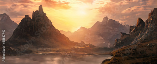 Panel kuchenny z motywem Fantasy mountain landscape with sunset. Foggy sunset, mountains, mountain river, gorge. Abstract fantastic futuristic landscape. 3D illustration.