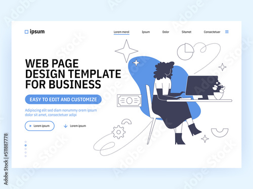Remote work and education 2D vector concept illustration. Woman working online with laptop flat character on cartoon background. Comfortable home office colourful scene for mobile website presentation