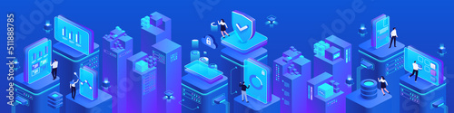 Safe financial transactions in internet isometric vector images set blue background. Technology for commercial operations. Bank online. Web banner with copy space for text. 3d components composition