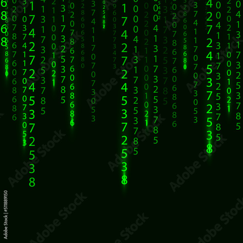 Green matrix on the dark background with different numbers and light. Big data visualization. Digital texture backdrop. Vector illustration.