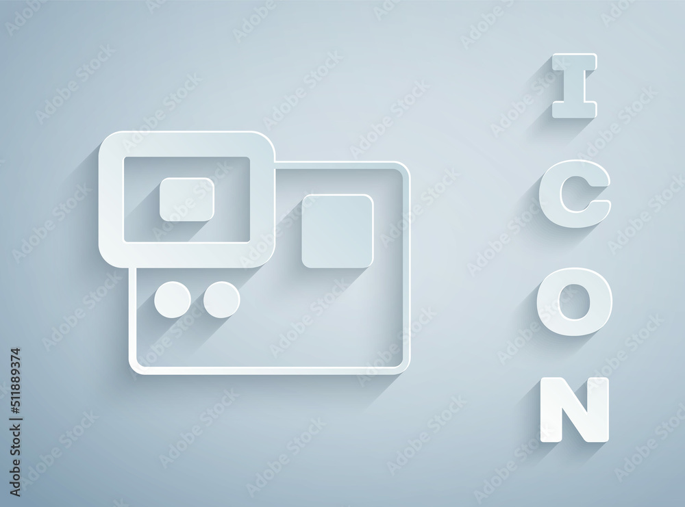 Paper cut Action extreme camera icon isolated on grey background. Video camera equipment for filming extreme sports. Paper art style. Vector Paper cut Action extreme camera icon isolated on grey background. Video camera equipment for filming extreme sports. Paper art style. Vector