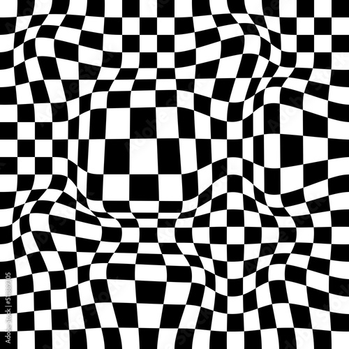 Abstract black and white chess concept 3d background. Wave pattern with the effect of illusion. Racial flag for various sports and racing events. Vector illustration.