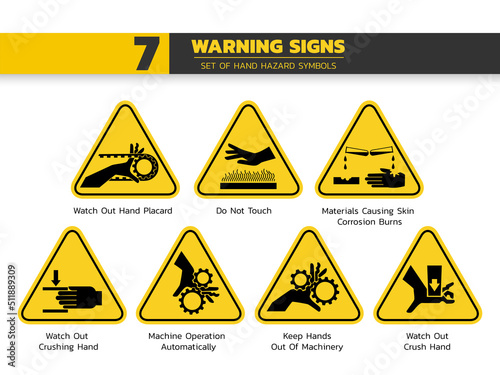 set of isolated  hand hazardous symbols on yellow round triangle board warning sign for pictograms, icon, label, logo or package industry etc. flat style vector design.