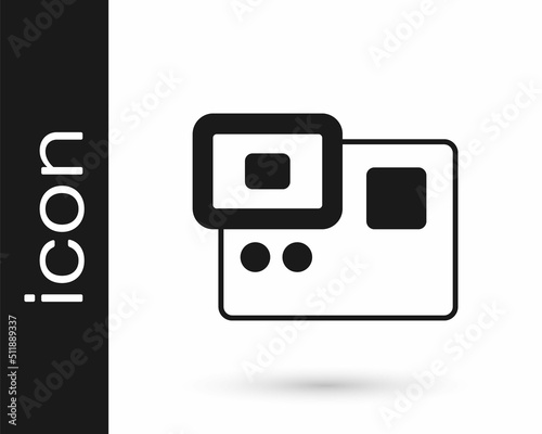Black Action extreme camera icon isolated on white background. Video camera equipment for filming extreme sports. Vector