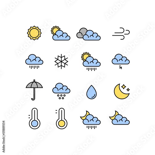 Weather flat vector icons set. Weather forecast icons