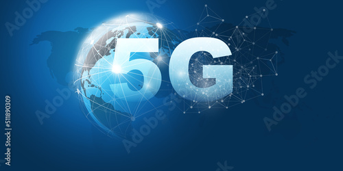 Dark Blue 5G Network Label with Earth Globe and World Map - Background High Speed Broadband Mobile Telecommunication and Wireless Internet Design, New Cutting Edge Global Mobile Technology Concept