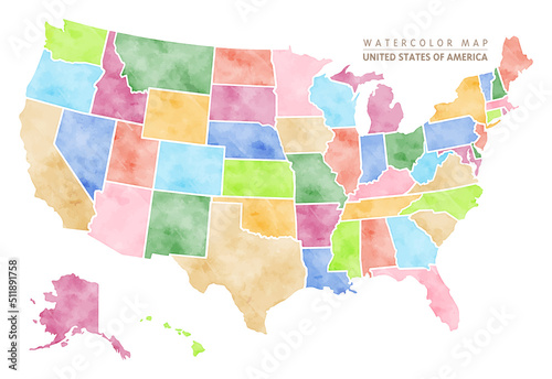 Watercolor map of USA, United States Of America