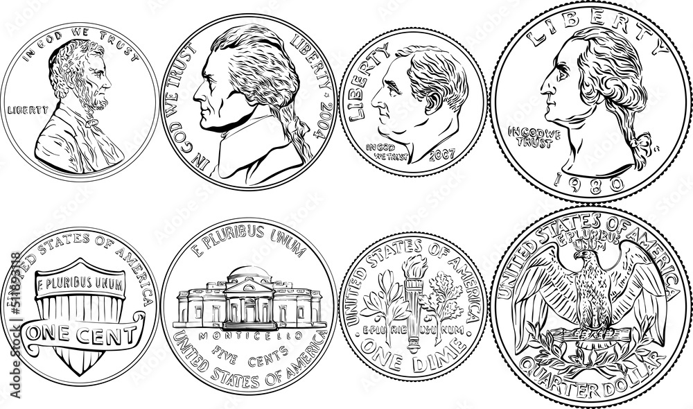 Set Of Obvers And Revers Of American Money One Five Ten And Twenty 