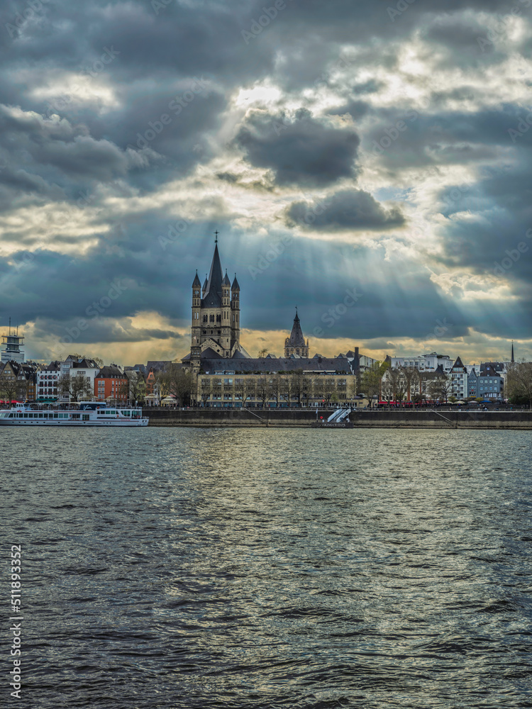 Cologne Cathedral and harbour on Rhine river, Germany