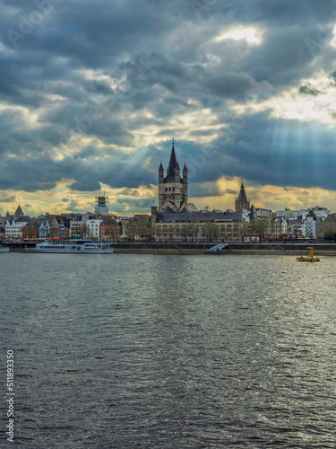 Cologne harbour and Cathedral tower in Germany