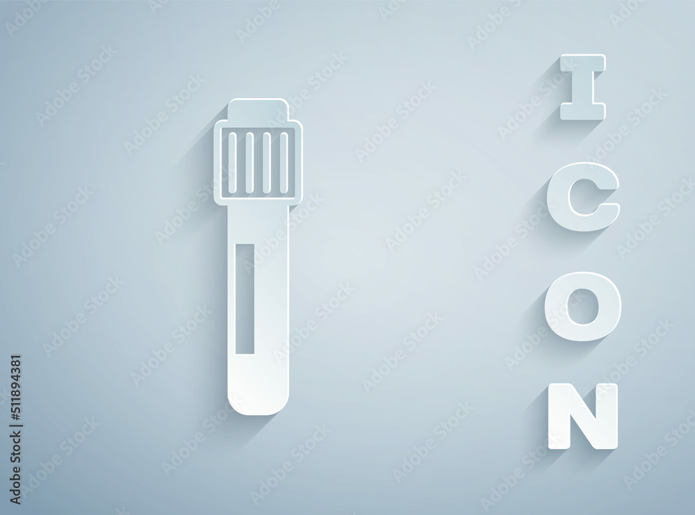 Paper cut Test tube and flask chemical laboratory test icon isolated on grey background. Laboratory glassware sign. Paper art style. Vector Paper cut Test tube and flask chemical laboratory test icon isolated on grey background. Laboratory glassware sign. Paper art style. Vector