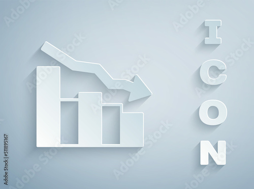Paper cut Financial growth decrease icon isolated on grey background. Increasing revenue. Paper art style. Vector