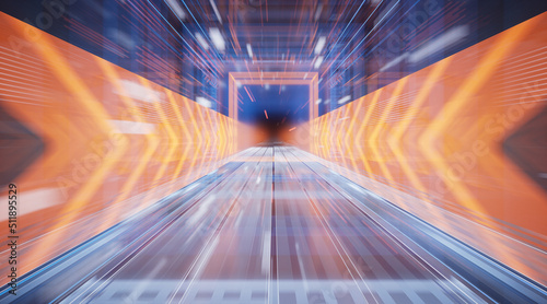 Fototapeta Naklejka Na Ścianę i Meble -  Sci-fi concept tunnel with arrow sign, 3d rendering.