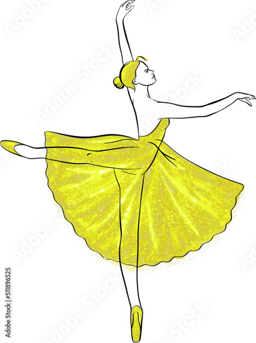 Vector illustration with gold ballerina tutu dance ballet on white background. 