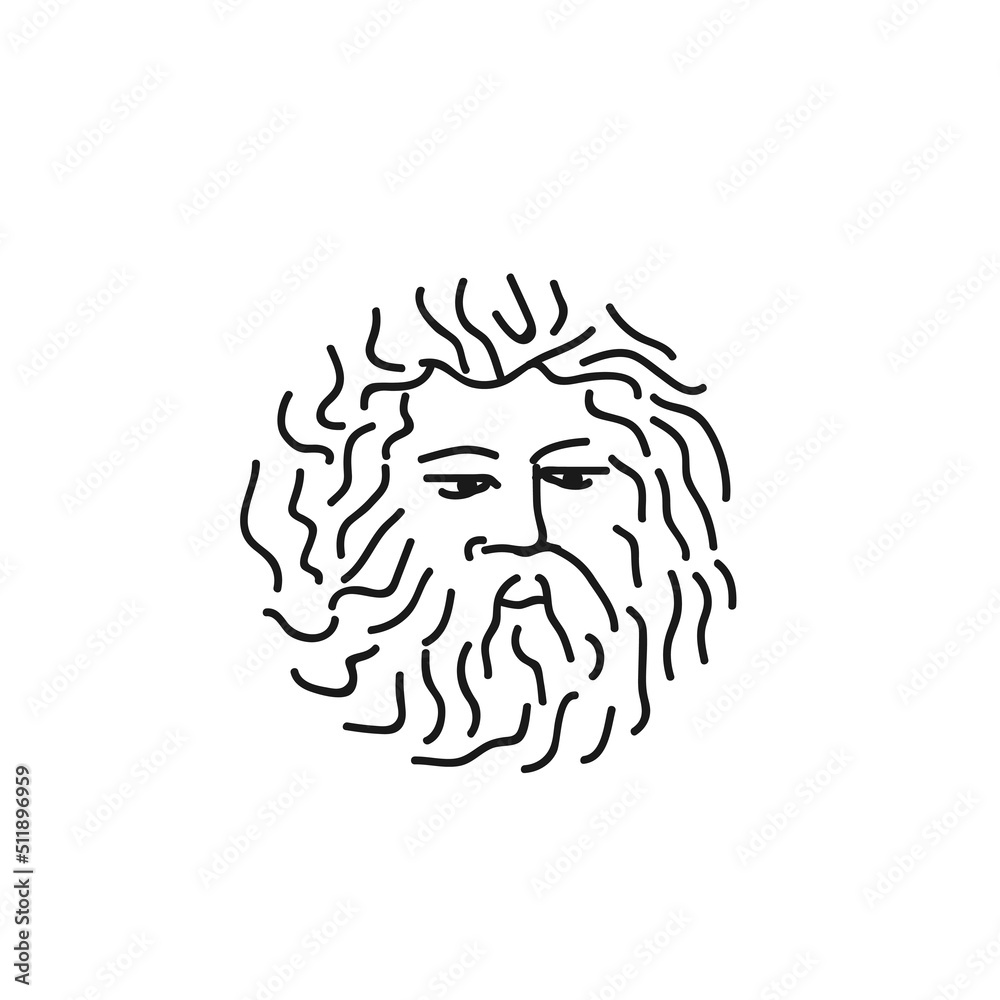 Logo design ,Illustration of a round beard old man's face,Greek god