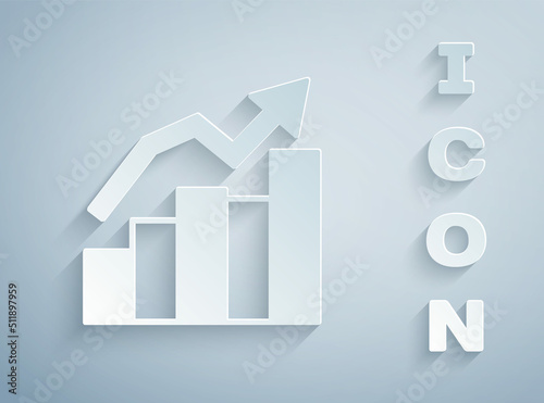 Paper cut Financial growth increase icon isolated on grey background. Increasing revenue. Paper art style. Vector