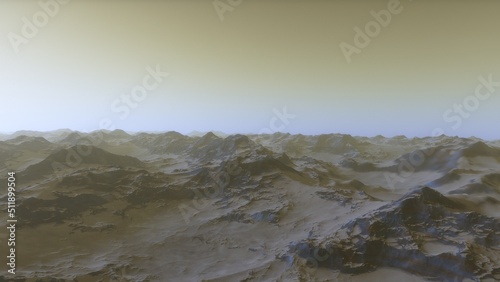 Mars like red planet, with arid landscape, rocky hills and mountains, for space exploration and science fiction backgrounds. 