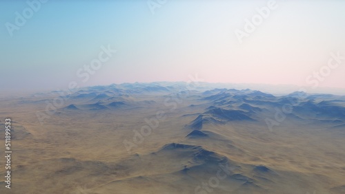 Mars like red planet, with arid landscape, rocky hills and mountains, for space exploration and science fiction backgrounds. 