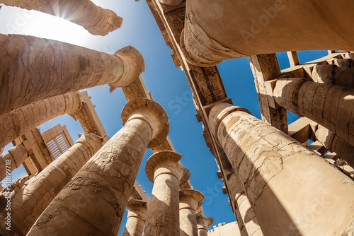 Different hieroglyphs on the walls and columns in the Karnak temple. Karnak temple is the largest complex in ancient Egypt.