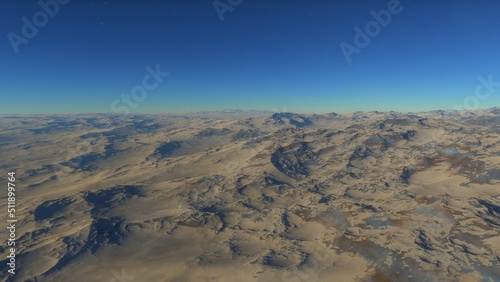 Mars like red planet  with arid landscape  rocky hills and mountains  for space exploration and science fiction backgrounds. 