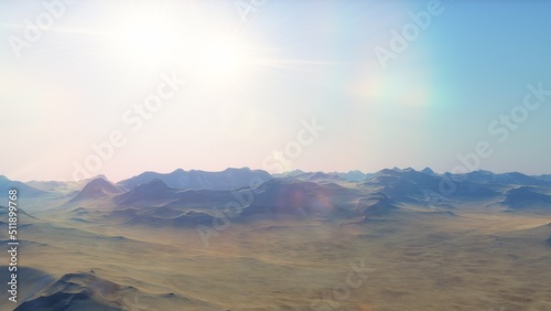 Mars like red planet, with arid landscape, rocky hills and mountains, for space exploration and science fiction backgrounds. 