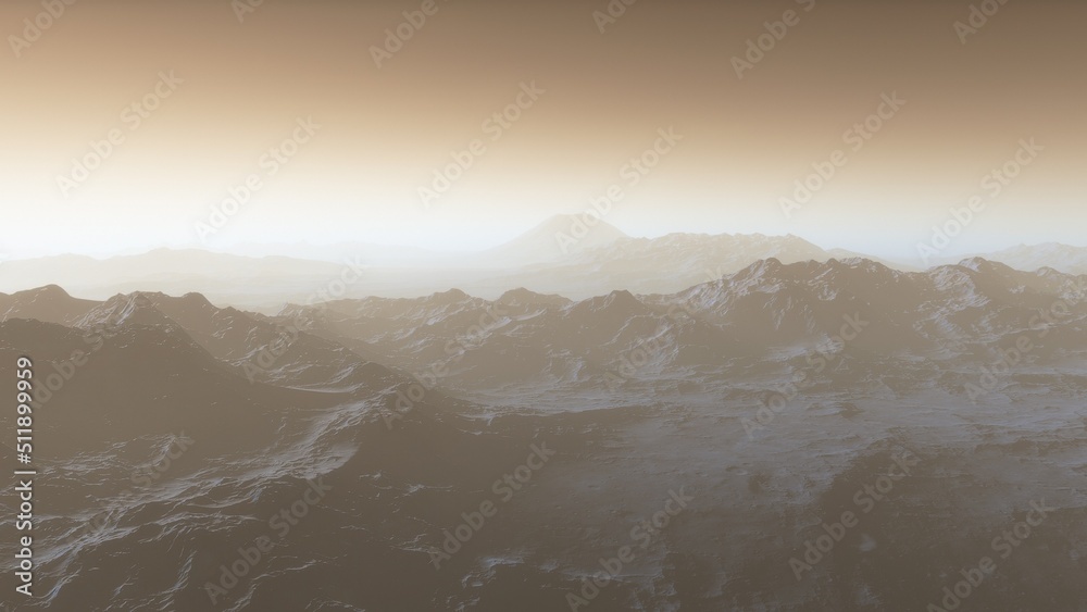 Mars like red planet, with arid landscape, rocky hills and mountains, for space exploration and science fiction backgrounds.
