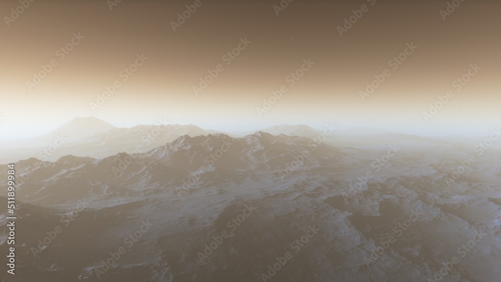 Mars like red planet, with arid landscape, rocky hills and mountains, for space exploration and science fiction backgrounds.
