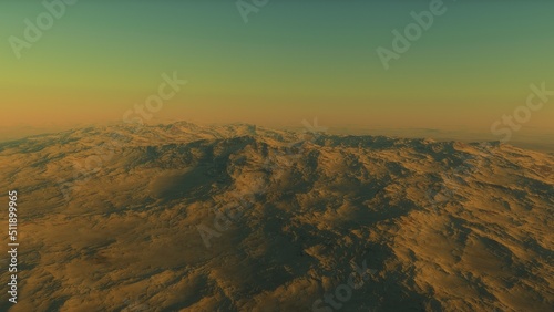 Mars like red planet, with arid landscape, rocky hills and mountains, for space exploration and science fiction backgrounds. 