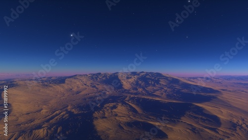 Mars like red planet  with arid landscape  rocky hills and mountains  for space exploration and science fiction backgrounds. 