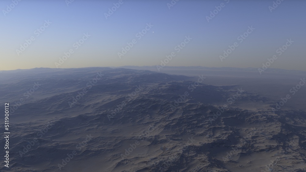 Mars like red planet, with arid landscape, rocky hills and mountains, for space exploration and science fiction backgrounds.
