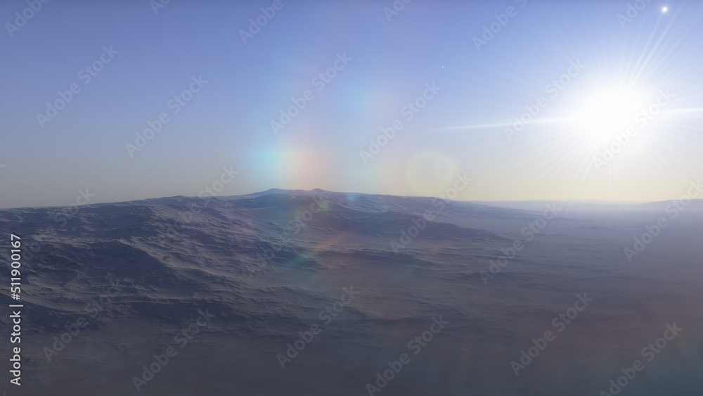 Fototapeta premium Mars like red planet, with arid landscape, rocky hills and mountains, for space exploration and science fiction backgrounds.