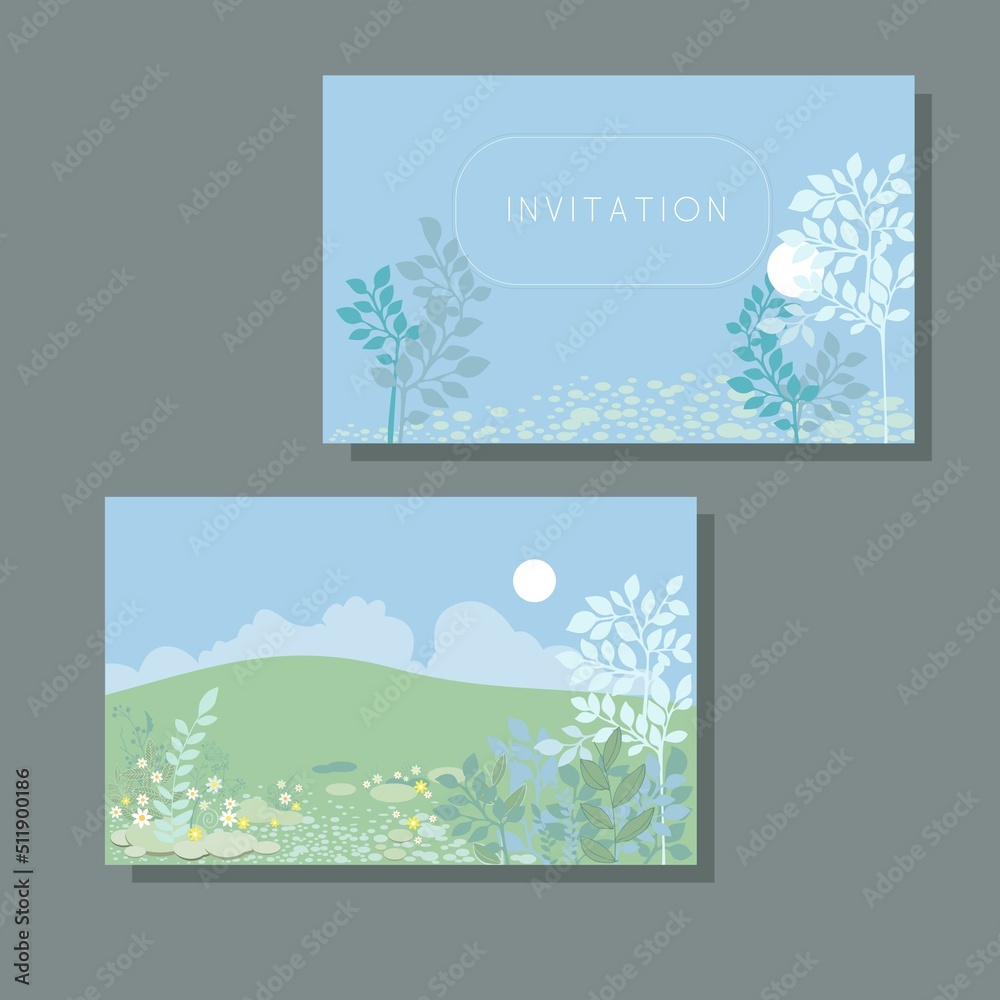invitation cards in blue color with landscape field, sun, clouds,