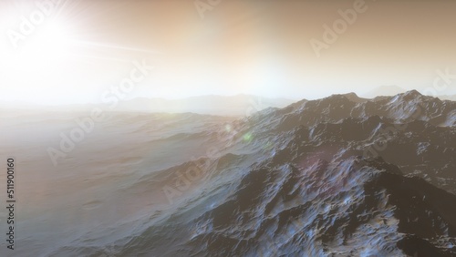 Mars like red planet  with arid landscape  rocky hills and mountains  for space exploration and science fiction backgrounds. 