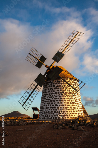Old windmill at La Oliva Fuerteventura Canary Islands at sunset light