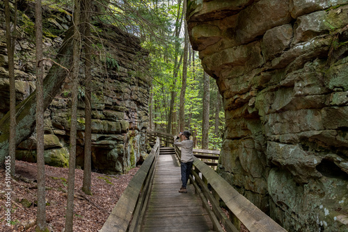 Visitor examining Droop sandstone rocks from boardwalk in Beartown State Park in West Virginia.